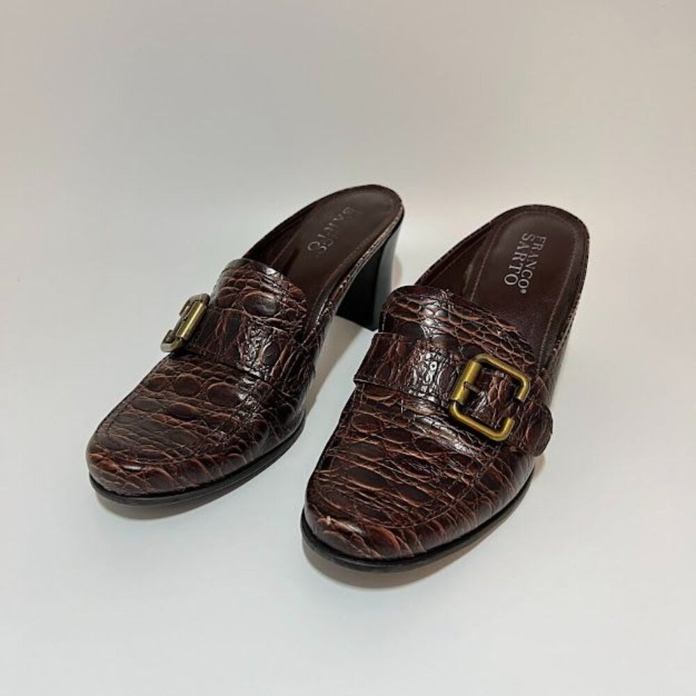Franco Sarto Women's Brown Croc Embossed Leather Block Heel Mule Size 8 1/2